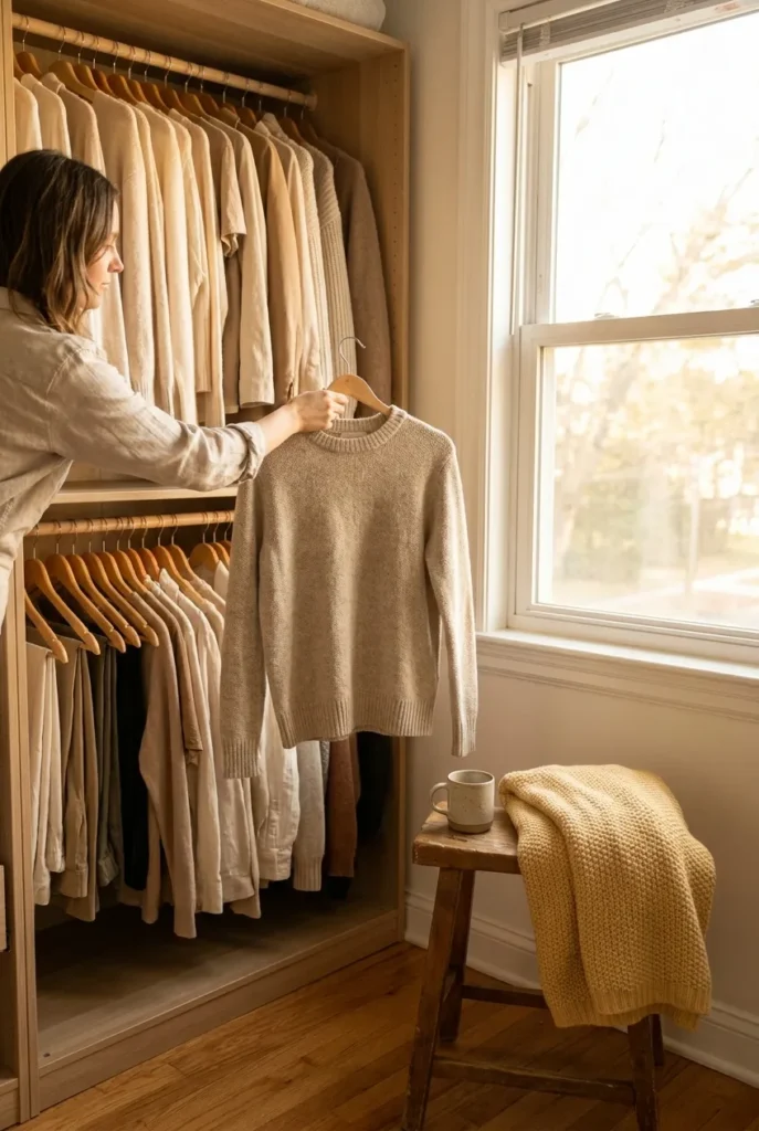 Calmly choosing one piece from a maintained capsule closet in soft golden morning light.