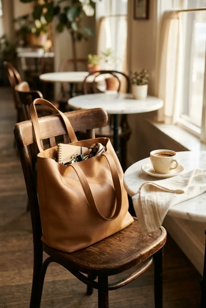 Camel leather Madewell-style summer work tote on a cafe chair with espresso cup.