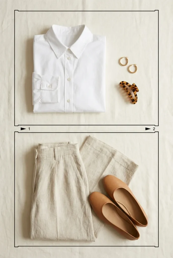 Camera-line method flat lay, polished white shirt up top and linen pants below.