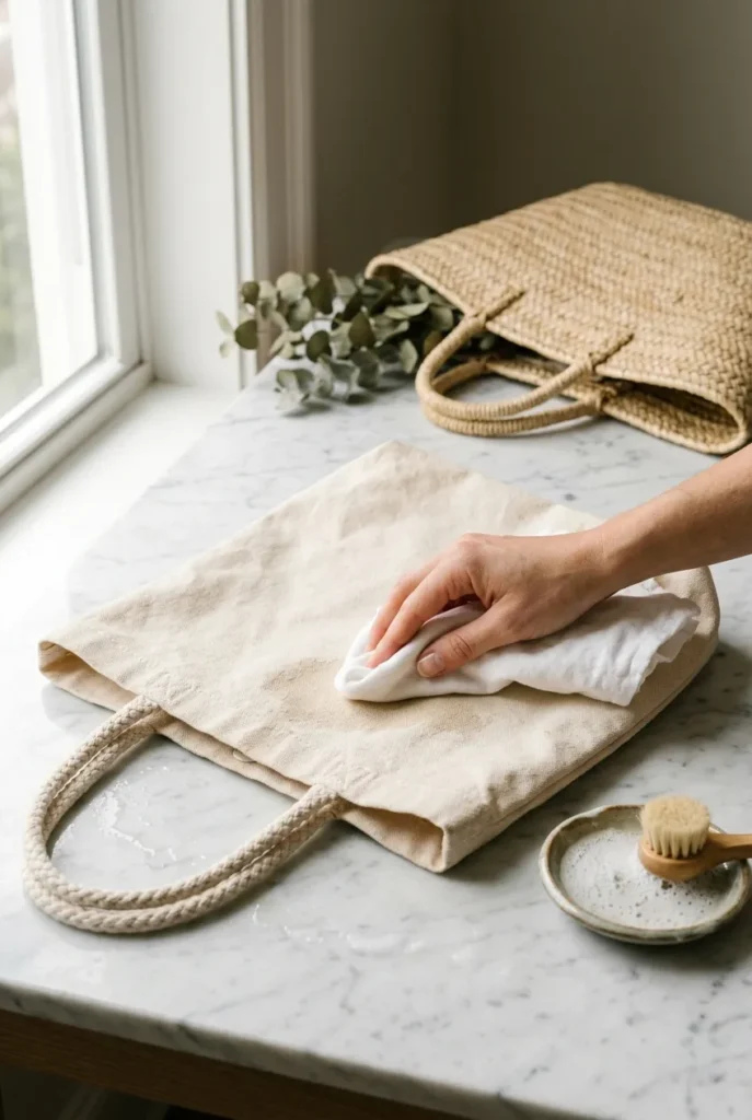 Canvas summer tote being spot-cleaned on marble with soft cloth and mild soap.