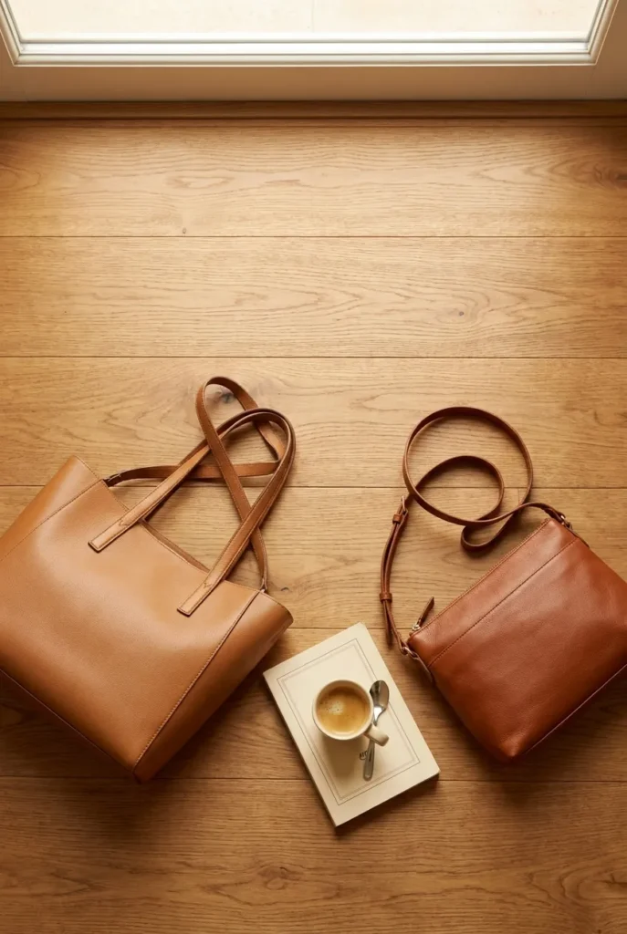 Capsule wardrobe accessories for hourglass body — tan structured tote and cognac crossbody bag flat lay