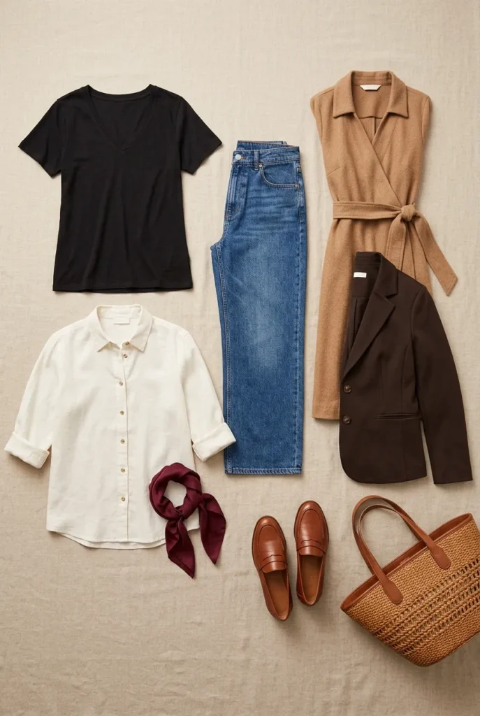 Capsule wardrobe apple body type flat lay with wrap dress, wide-leg jeans, blazer and loafers.