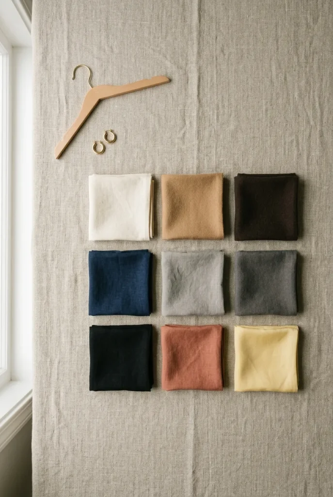 Capsule wardrobe color palette swatches for women over 40 in neutral tones