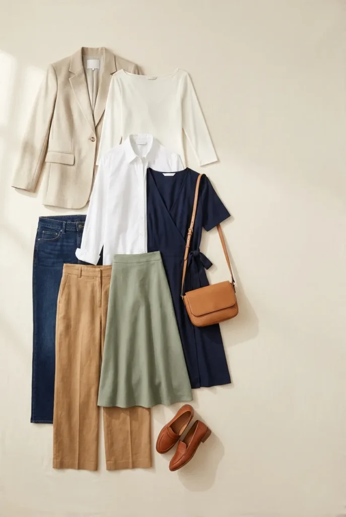 Capsule wardrobe pear shape flat lay with blazer, wide-leg trousers, wrap dress, and loafers in cream and camel neutrals