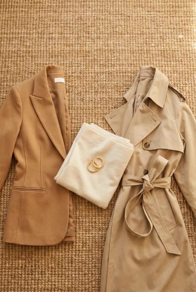 Capsule wardrobe layers for hourglass body type — structured camel blazer and belted trench coat flat lay