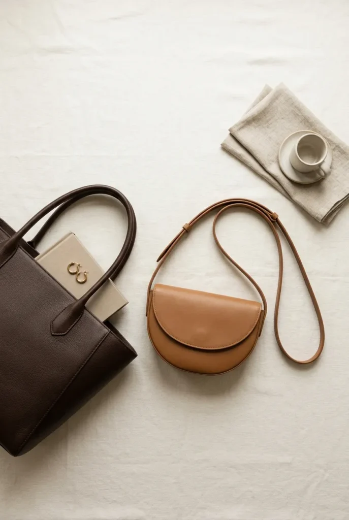 Capsule wardrobe leather tote and crossbody bag in espresso and camel