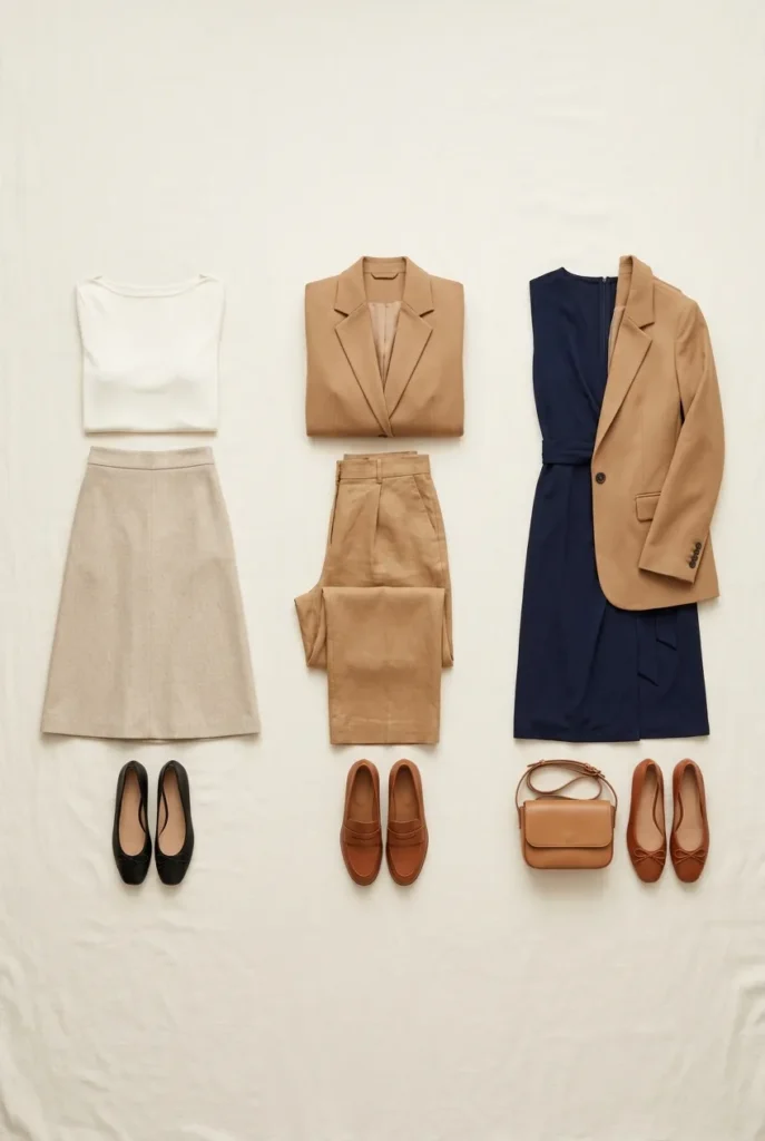 Capsule wardrobe pear shape sub-types flat lay petite pear, plus-size pear, and over-40 pear outfit sets in neutrals
