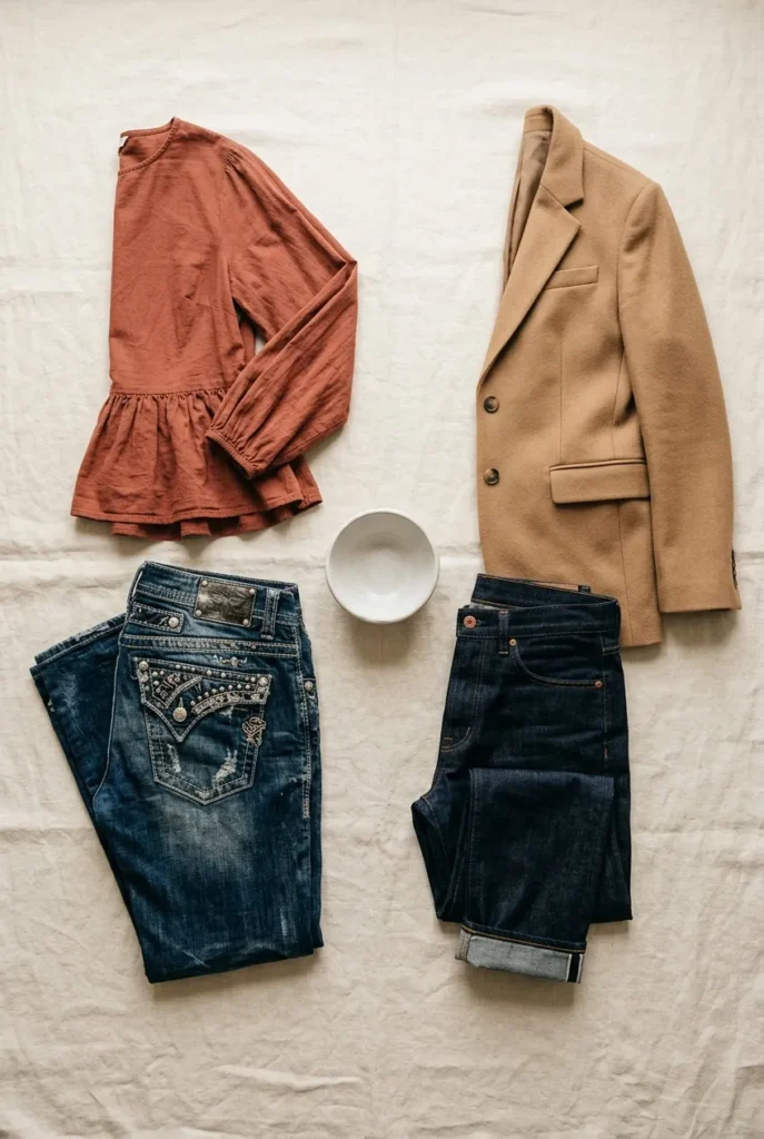 Capsule wardrobe pear shape what to skip flat lay embellished jeans and peplum top versus straight jeans and blazer alternatives