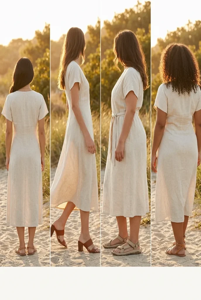 Capsule wardrobe sandals styled by body type petite, tall, pear, and curvy in oat linen midi dress