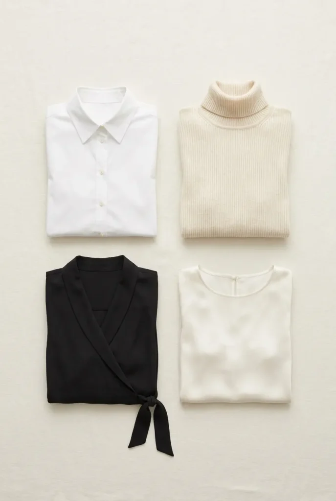 Capsule wardrobe tops for hourglass body type — white button-down, ribbed knit, wrap blouse, silk shell flat lay