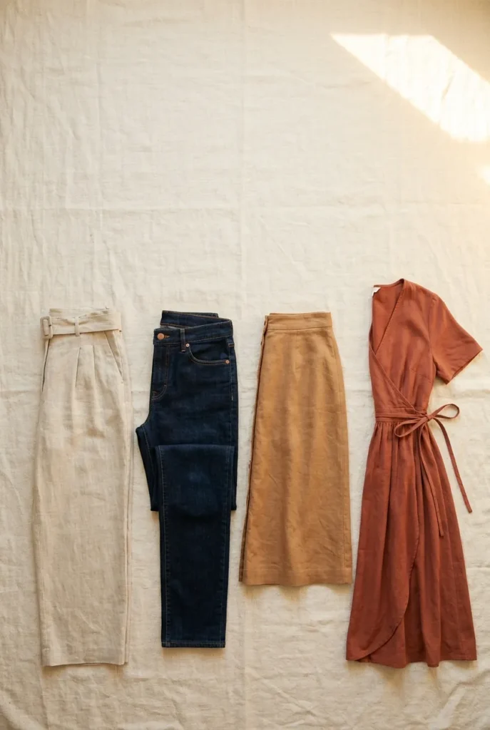 Carry-on capsule wardrobe bottoms flat-lay linen trousers, dark jeans, camel midi skirt, terracotta wrap dress