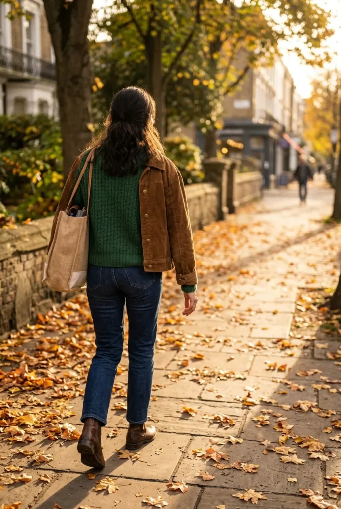 Casual dark academia outfit with green knit, dark jeans, corduroy jacket, and leather boots