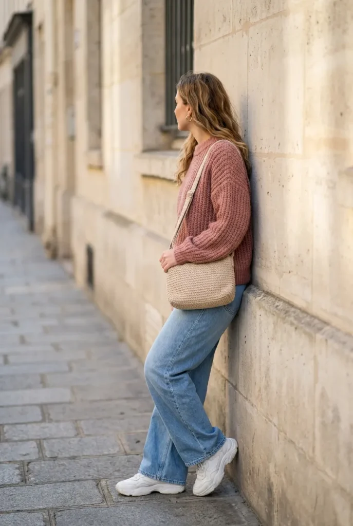 Casual soft girl aesthetic outfit with dusty rose knit sweater, light blue wide-leg jeans, white sneakers, and gold hoops on city street
