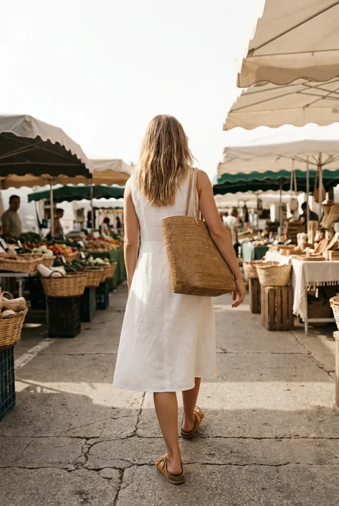 Casual white linen dress outfit with tan flat sandals and woven rattan tote, woman walking at a bright outdoor market.