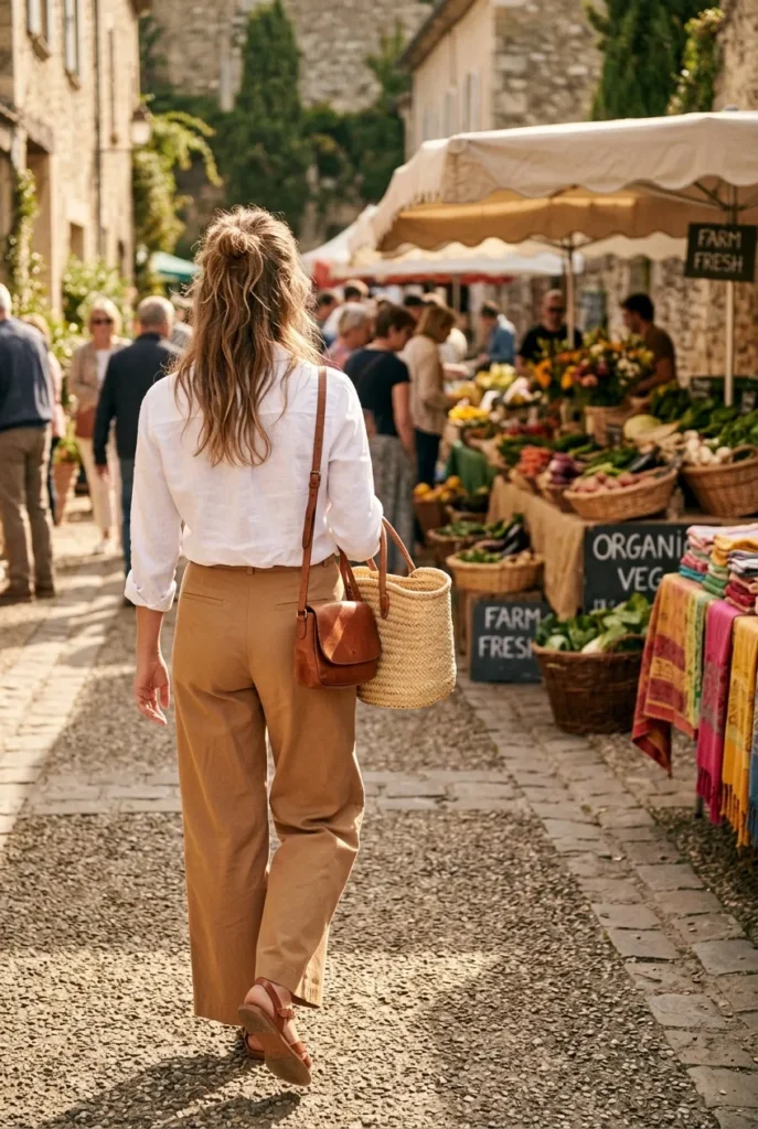 Casual wide-leg trouser outfit summer, woman in camel trousers and white linen shirt walking at farmers market