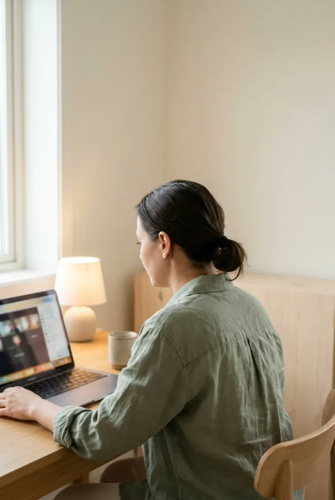 Casual work from home summer outfit, sage linen button-down during a video call.