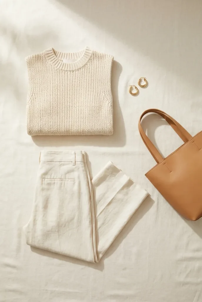 Chic monochrome work from home summer outfit, cream knit shell and matching linen pants.