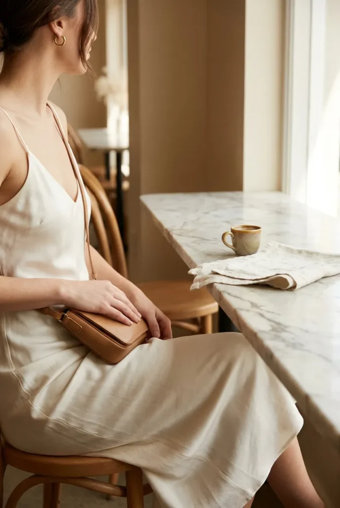 Classy summer date night outfit, ivory silk slip dress with gold hoops at dinner