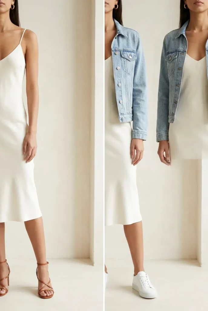 Classy versus casual summer date night outfit styled two ways from one dress