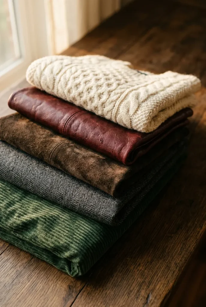 Close-up of dark academia fabric textures in wool, cream knit, oxblood leather, and green corduroy