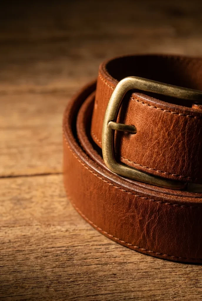 Close-up of full-grain cognac leather belt and gold buckle showing quality construction for a capsule.