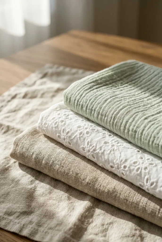 Close-up of linen, eyelet, and gauze summer fabrics for cottagecore outfits