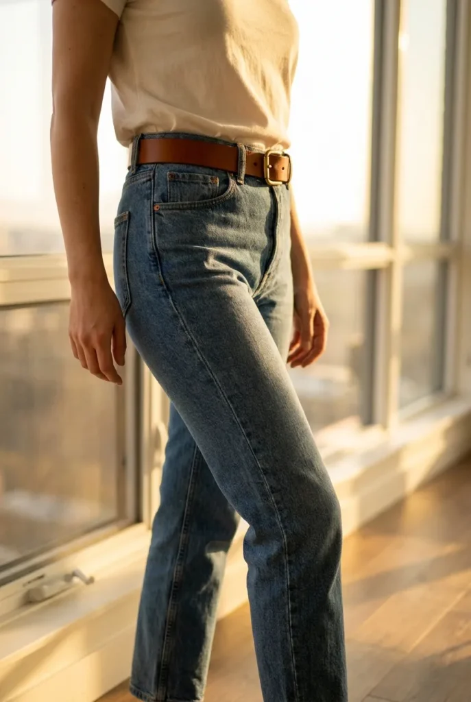 Cognac leather belt styled with high-waisted jeans and a tucked white tee in golden light.