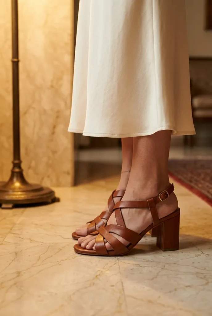 Cognac strappy heeled sandal with cream silk midi skirt hem, capsule wardrobe evening sandal