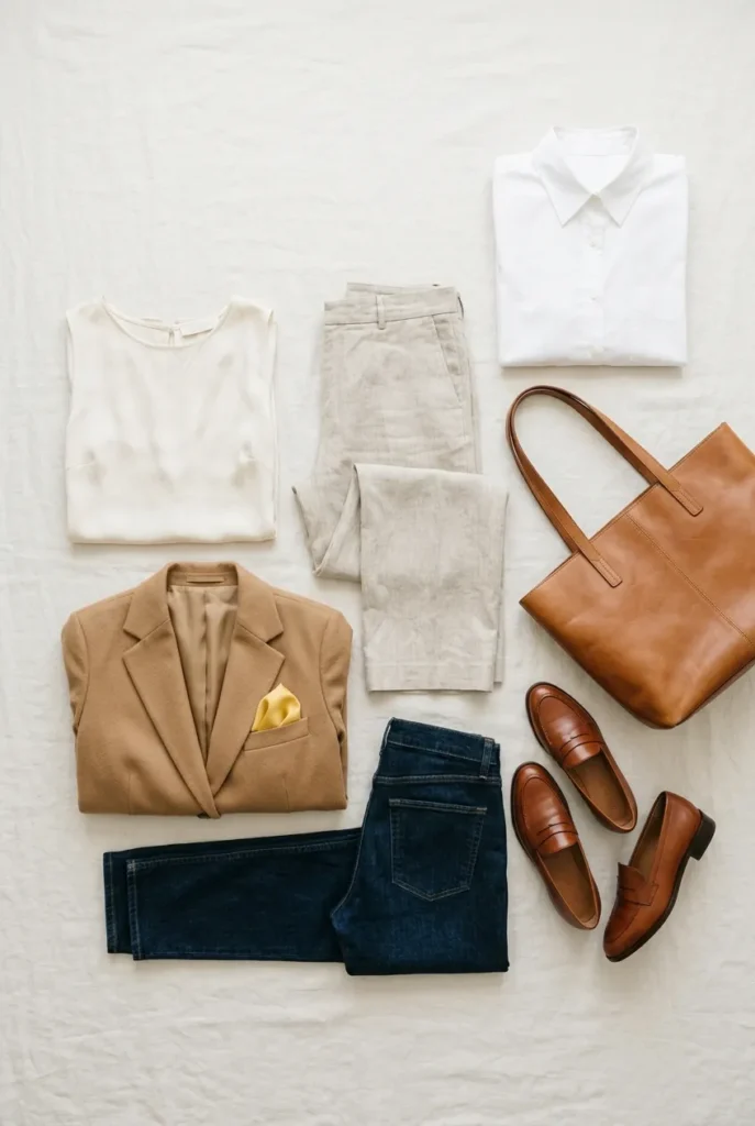 Cohesive capsule wardrobe flat lay where every neutral piece coordinates, ivory oat and camel palette