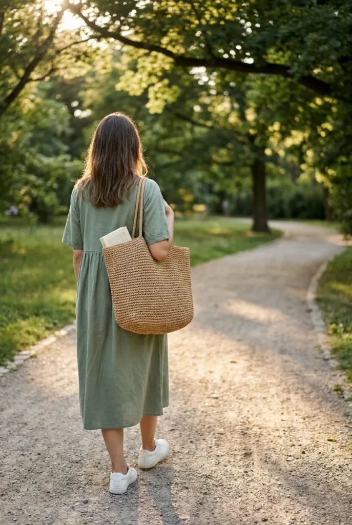 Comfortable summer date outfit for a walk, sage midi dress with white sneakers and tote