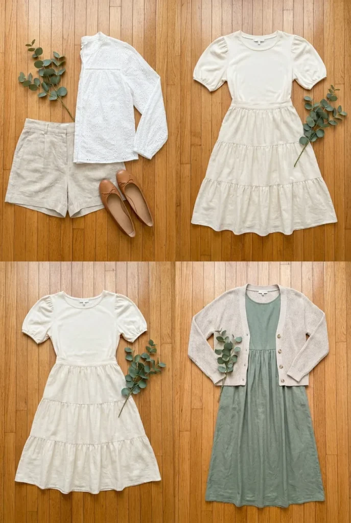 Cottagecore summer shorts, skirt, and modest maxi outfit options flat-lay