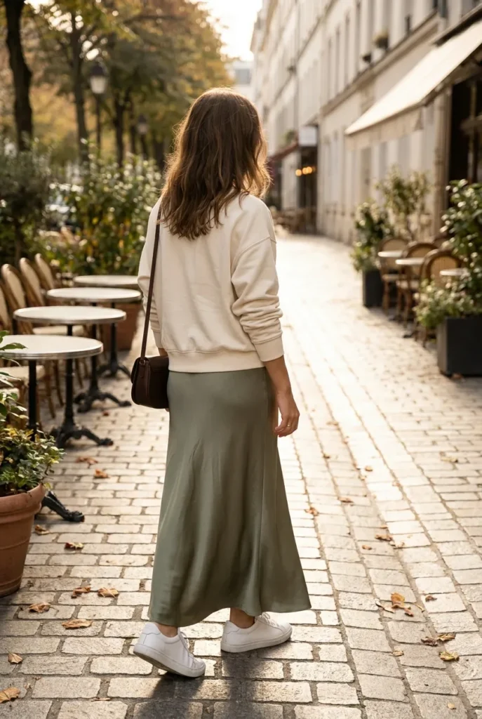 Cream sweatshirt and sage satin maxi skirt outfit with white sneakers for casual weekend.