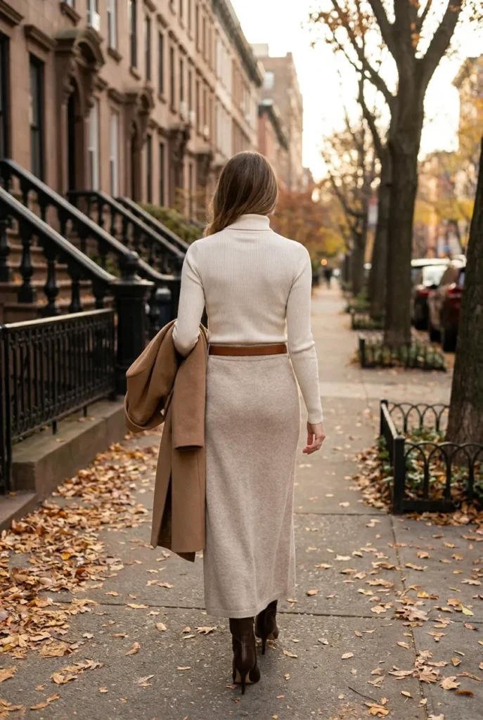Cream turtleneck and oat sweater maxi skirt outfit with espresso ankle boots and camel coat.