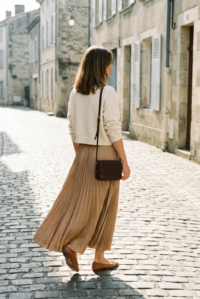 Cropped sweater and tan pleated maxi skirt outfit with ballet flats and brown crossbody bag.