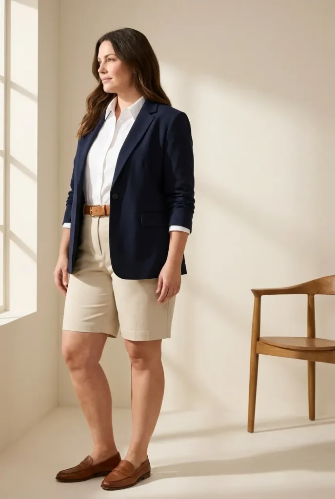 Curvy woman over 40 in navy blazer and Bermuda shorts, flattering preppy outfit.
