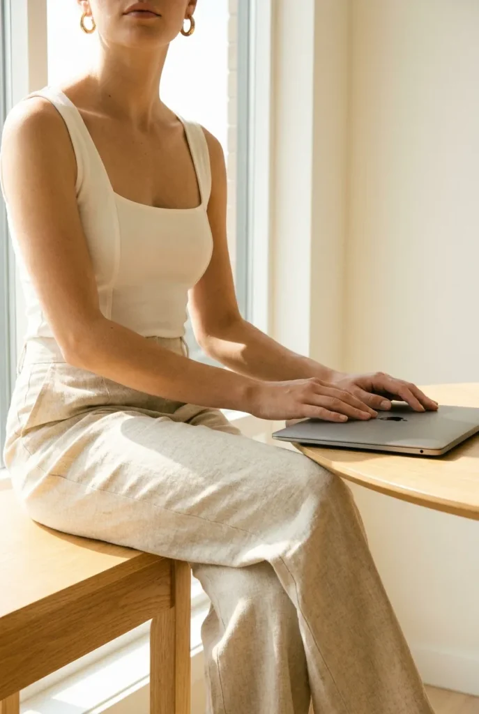 Cute work from home summer outfit, ivory tank with oat linen wide-leg pants.