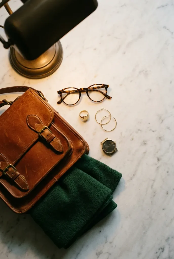 Dark academia accessories flat lay with leather satchel, tortoiseshell glasses, and gold jewelry