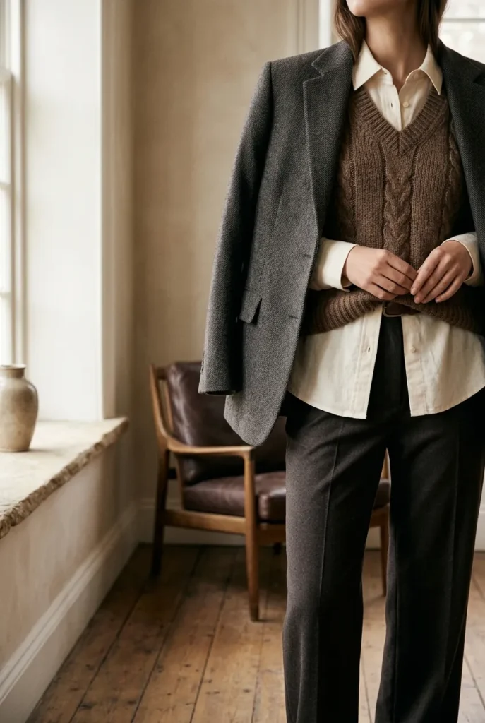 Dark academia layering shown with cream shirt, brown knit vest, and charcoal blazer