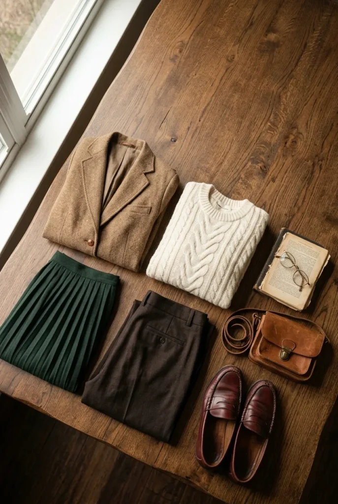 Dark academia outfit flat lay with tweed blazer, cream knit, green skirt, and oxblood loafers