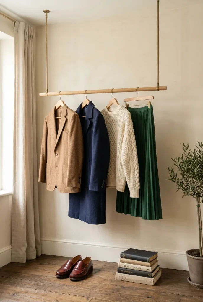 Dark academia wardrobe staples on a wooden rail with blazer, coat, knit, and pleated skirt