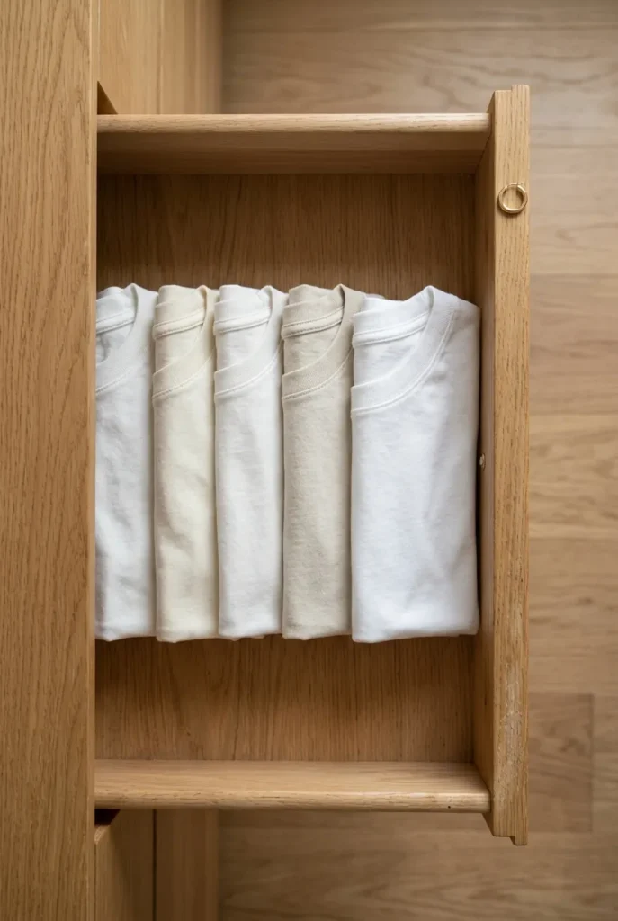 Dresser drawer with five almost identical folded white t-shirts, the same shirt bought again and again