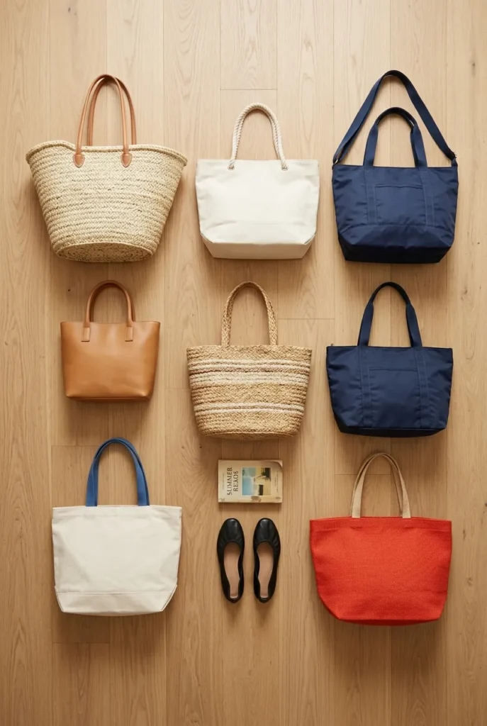 Eight best summer tote bags 2026 flat lay in straw, canvas, nylon, and leather on oak floor.