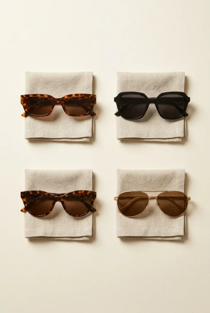 Face-shape cheat sheet flat lay matching frame styles to four common face shapes.