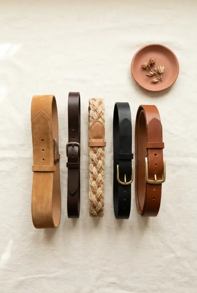 Five best belts for a capsule wardrobe flat lay in cognac, black, woven, and camel on ivory linen.