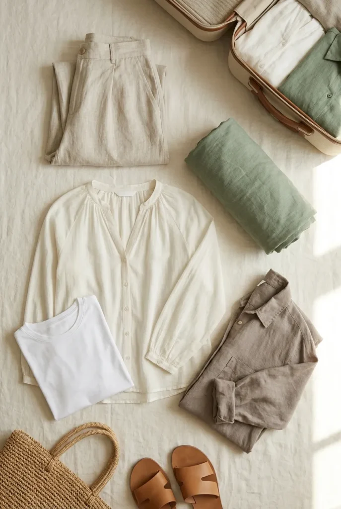 Five-piece summer travel capsule flat lay with linen maxi dress trousers and voile blouse for hot weather