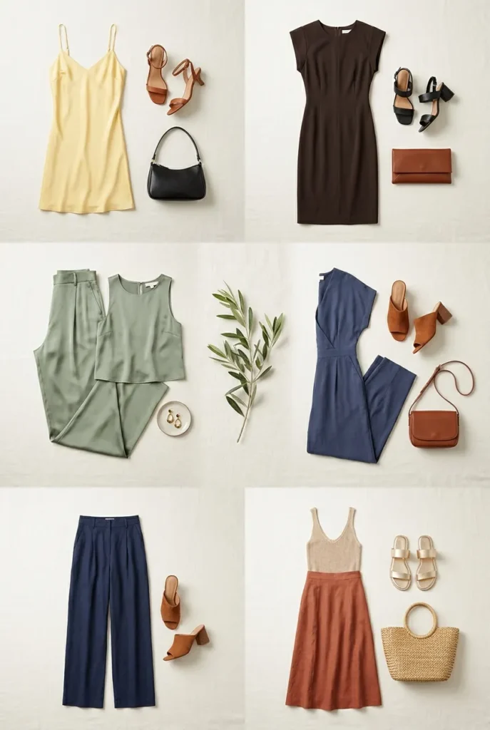 Five quiet luxury wedding guest outfit formulas in butter yellow, espresso, sage, navy and terracotta on linen.