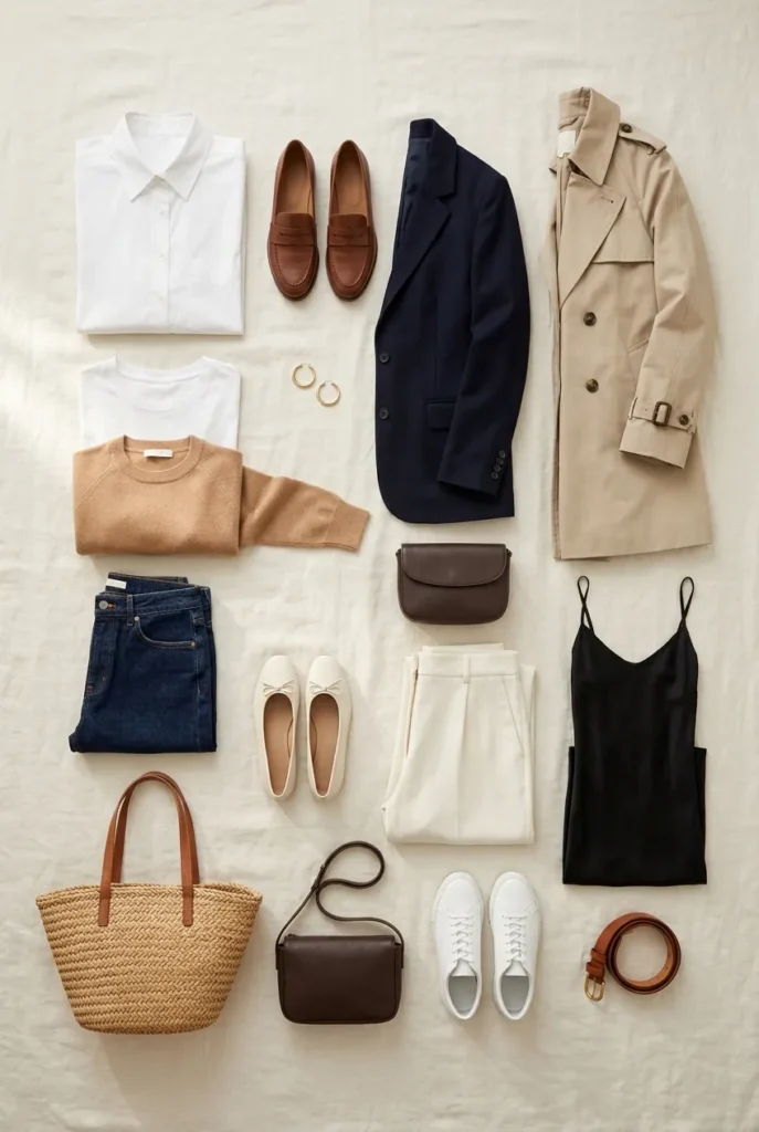 Flat lay capsule wardrobe for women over 40 with 16 timeless pieces in neutrals