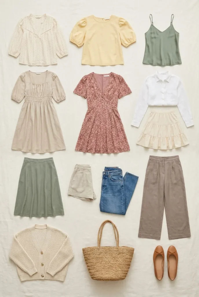 Flat-lay grid of a 12-piece summer cottagecore capsule wardrobe on ivory linen