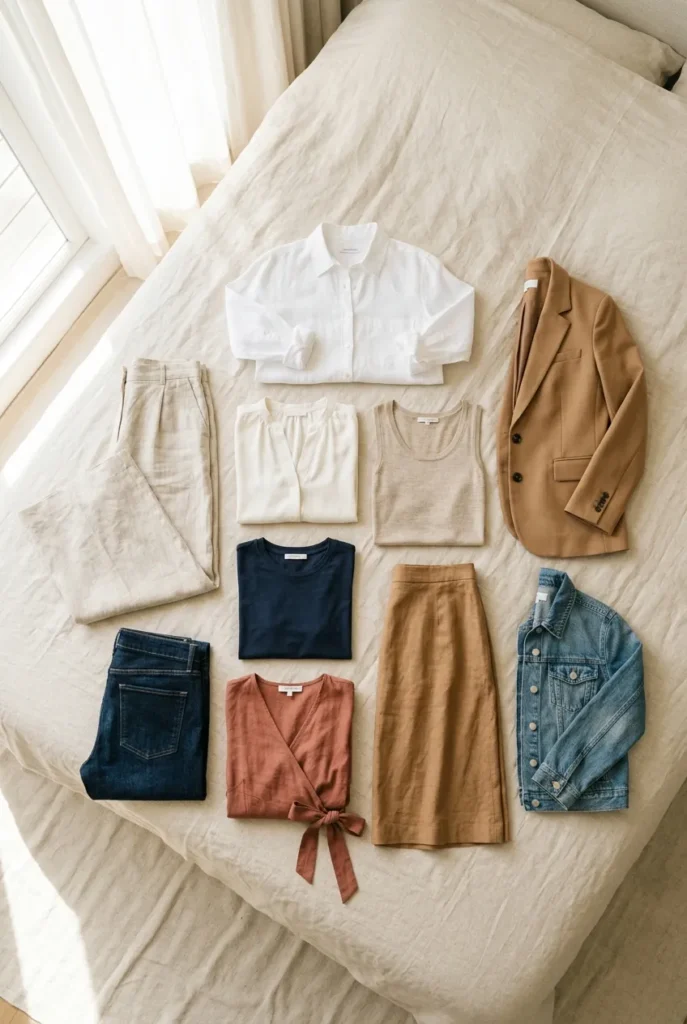 Flat-lay of 10-piece carry-on capsule wardrobe for women in neutral tones arranged on cream linen surface
