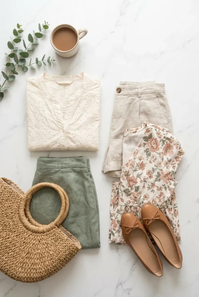Flat-lay of affordable US cottagecore summer pieces, eyelet top, linen skirt, flats